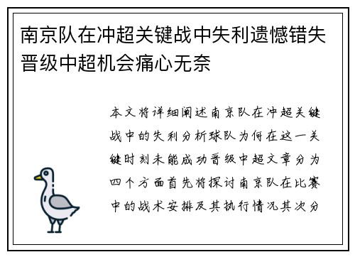南京队在冲超关键战中失利遗憾错失晋级中超机会痛心无奈